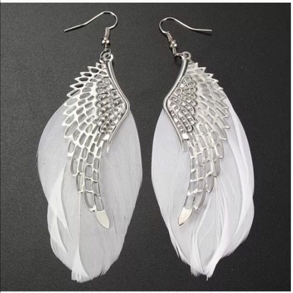 Jewelry - White feather silver Angel Wings earrings NEW